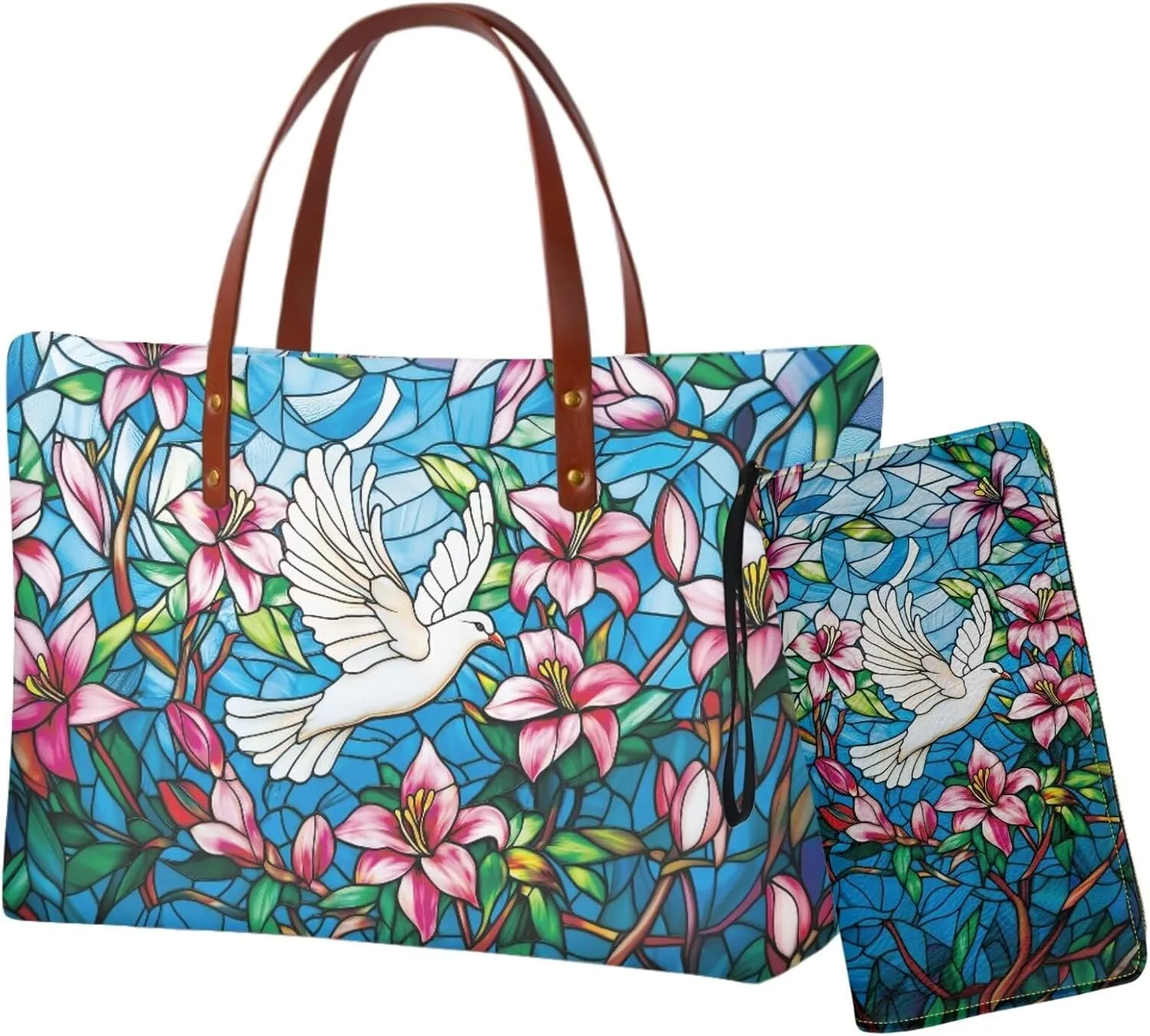 2 Pcs Women Handbag Set Tote Bag Large Shoulder Bag Top Handle Purse PU Wallet Set for Work Shopping Travel