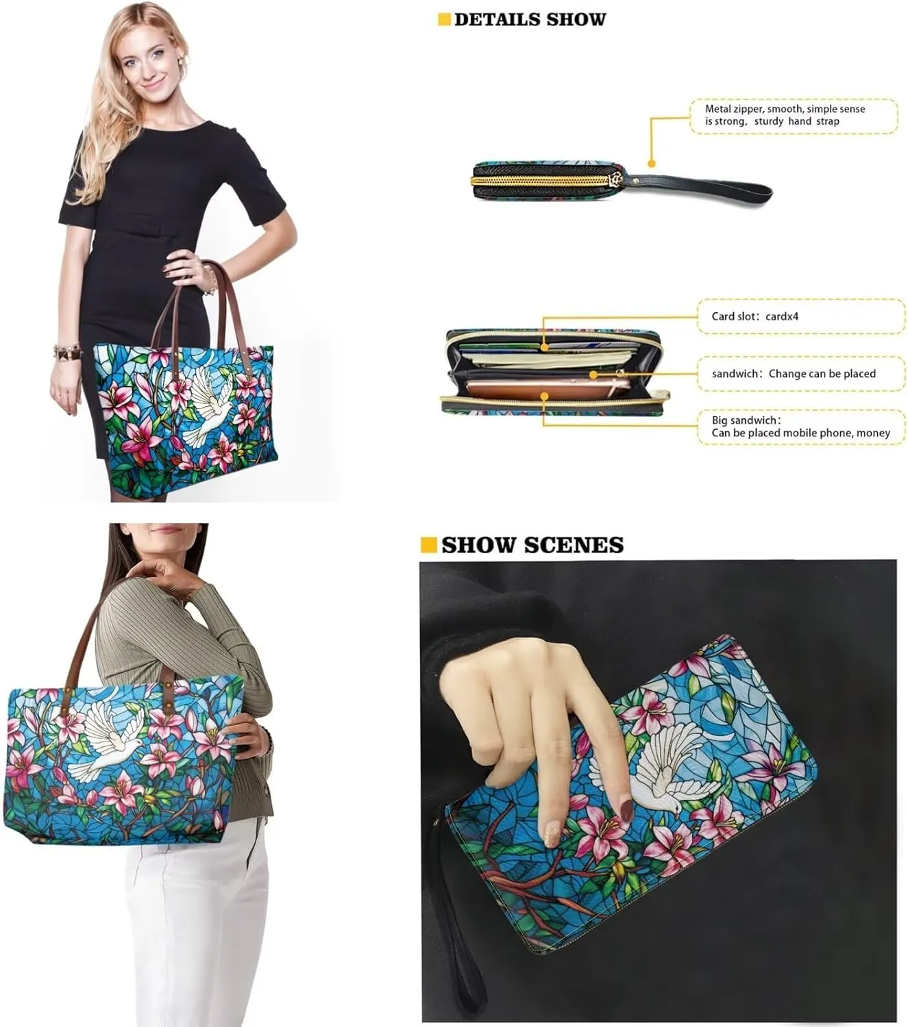 2 Pcs Women Handbag Set Tote Bag Large Shoulder Bag Top Handle Purse PU Wallet Set for Work Shopping Travel
