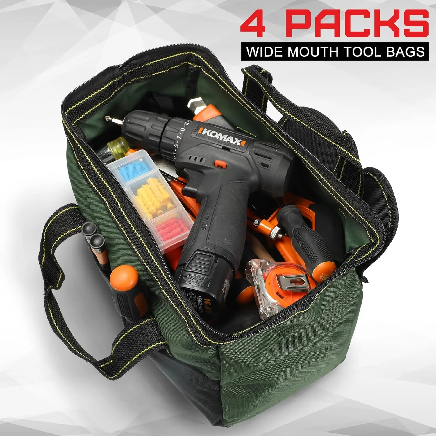 4 Pieces Tool Bag with Waterproof Strong Molded Base Multi Pockets Wide Mouth Tool Tote Multifunctional Tool Bag Large Capacity Organizer Heavy Duty Tool Storage Bag (Multicolor,13 Inch)