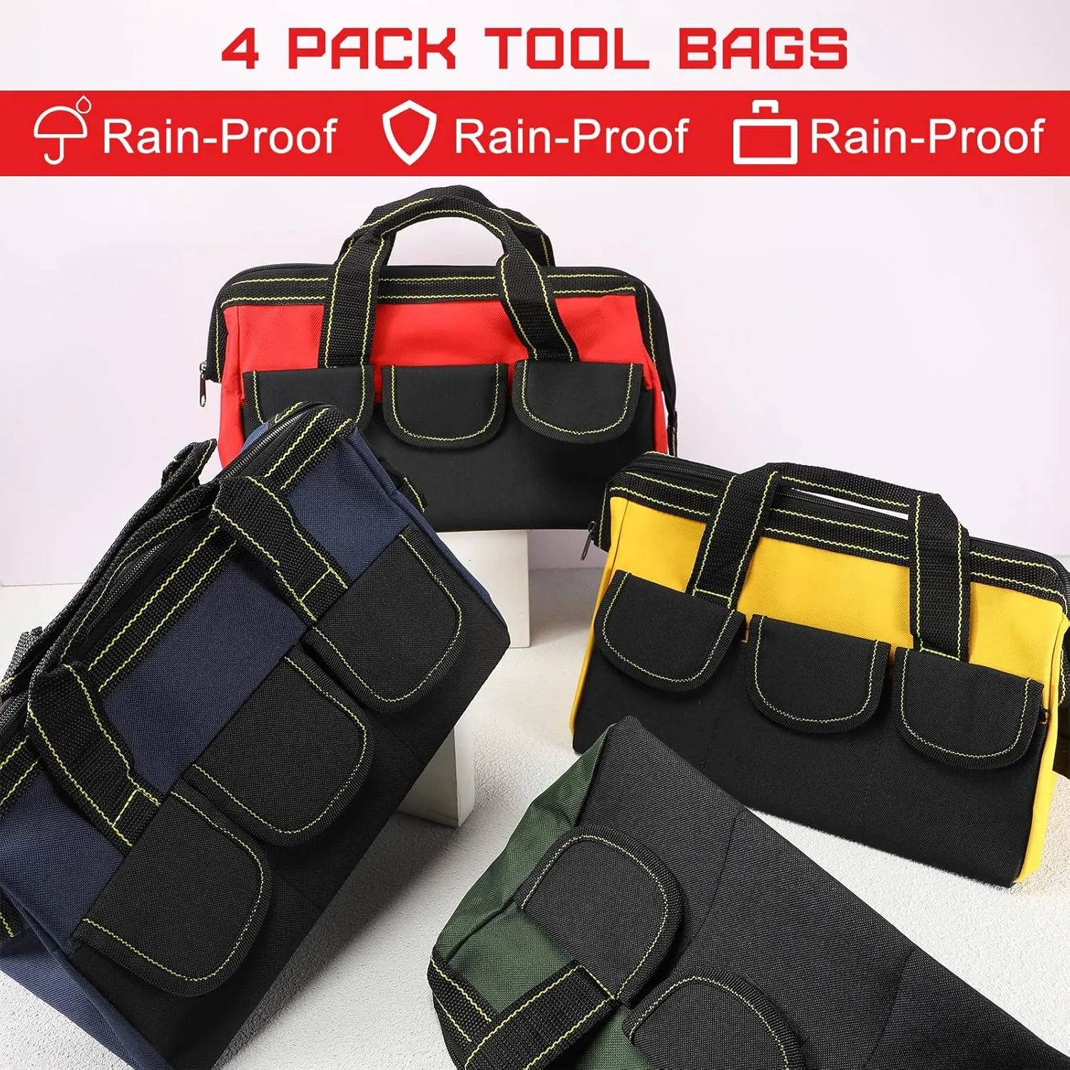4 Pieces Tool Bag with Waterproof Strong Molded Base Multi Pockets Wide Mouth Tool Tote Multifunctional Tool Bag Large Capacity Organizer Heavy Duty Tool Storage Bag (Multicolor,13 Inch)