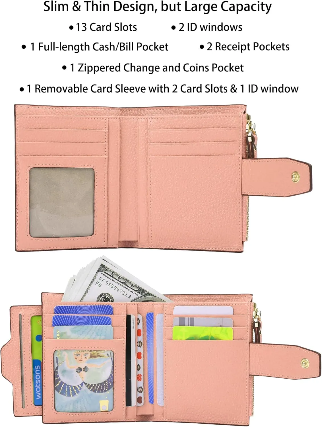 AINIMOER Women's RFID Blocking Leather Small Compact Bi-fold Zipper Pocket Wallet Card Case Purse with id Window