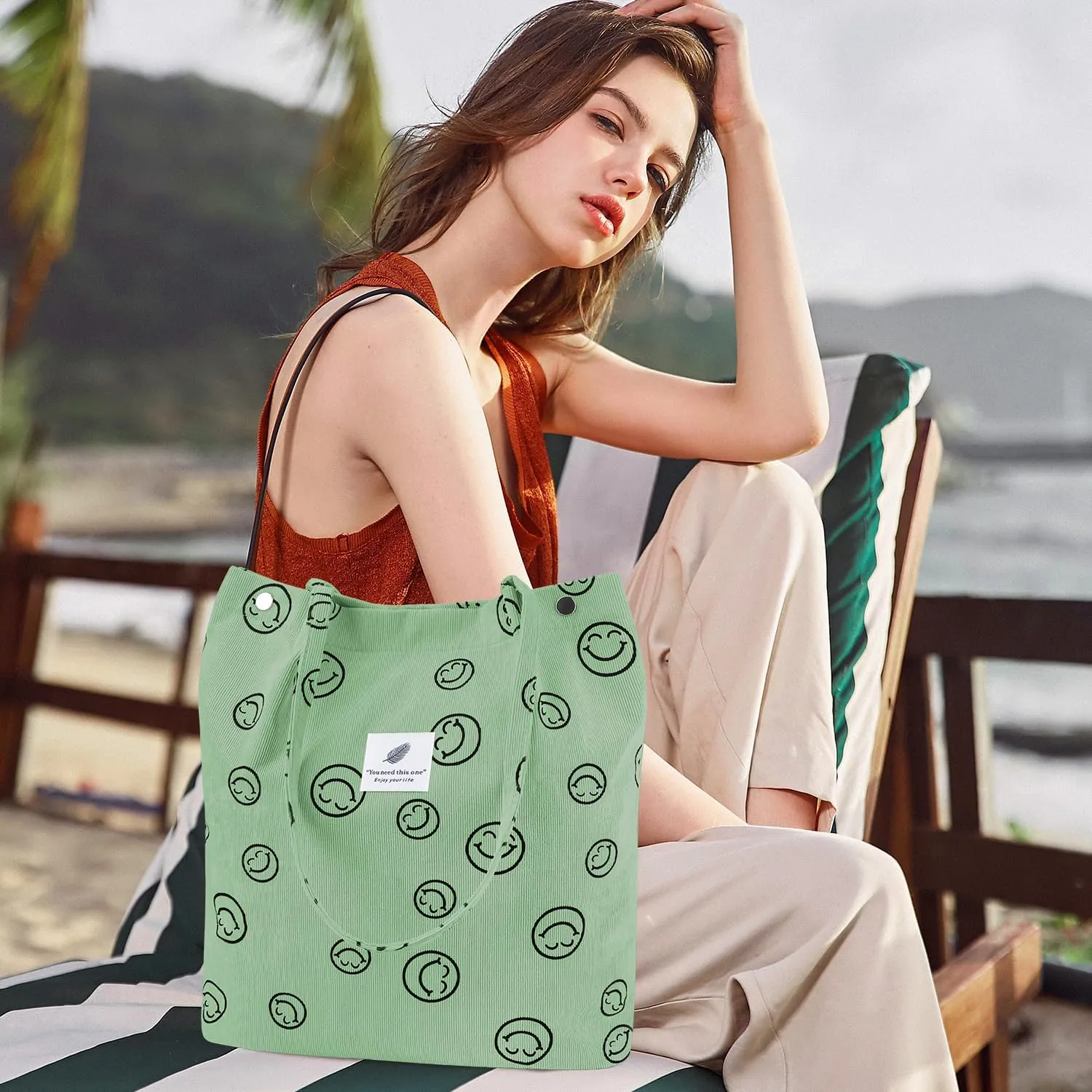 Ayieyill Corduroy Tote Bag for Women Canvas Shoulder Cord Purse with Inner Pocket