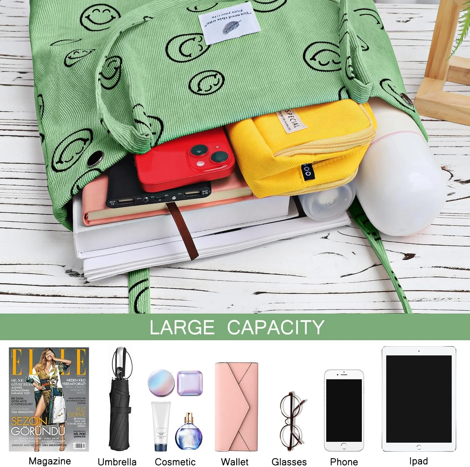 Ayieyill Corduroy Tote Bag for Women Canvas Shoulder Cord Purse with Inner Pocket