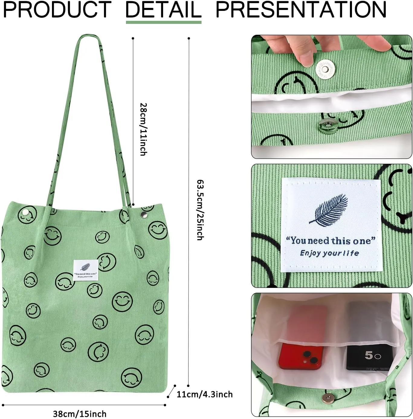 Ayieyill Corduroy Tote Bag for Women Canvas Shoulder Cord Purse with Inner Pocket