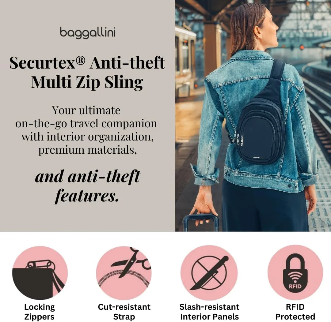 Baggallini Securtex Anti-Theft Triple Zip Sling 8.6"x15.2" Travel Crossbody Backpack with RFID Wallet Locking Zipper