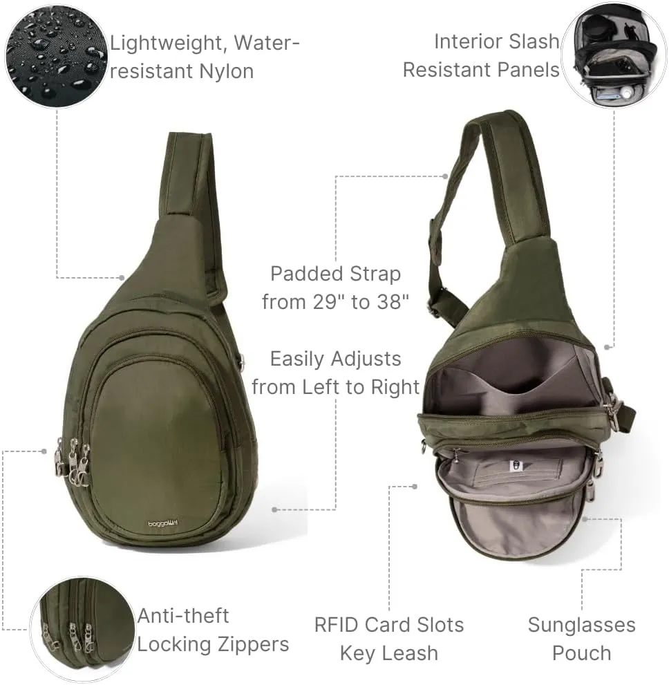 Baggallini Securtex Anti-Theft Triple Zip Sling 8.6"x15.2" Travel Crossbody Backpack with RFID Wallet Locking Zipper