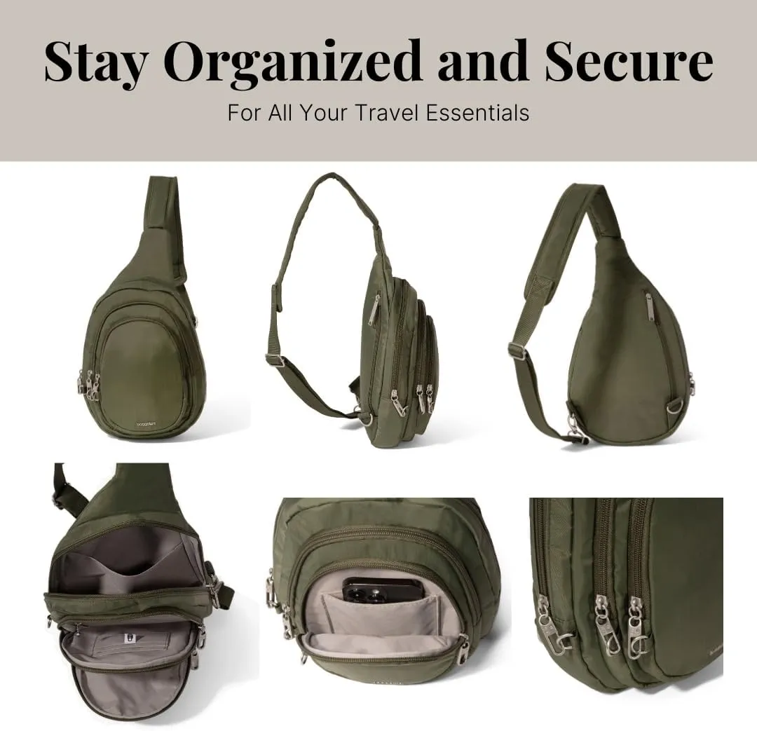 Baggallini Securtex Anti-Theft Triple Zip Sling 8.6"x15.2" Travel Crossbody Backpack with RFID Wallet Locking Zipper