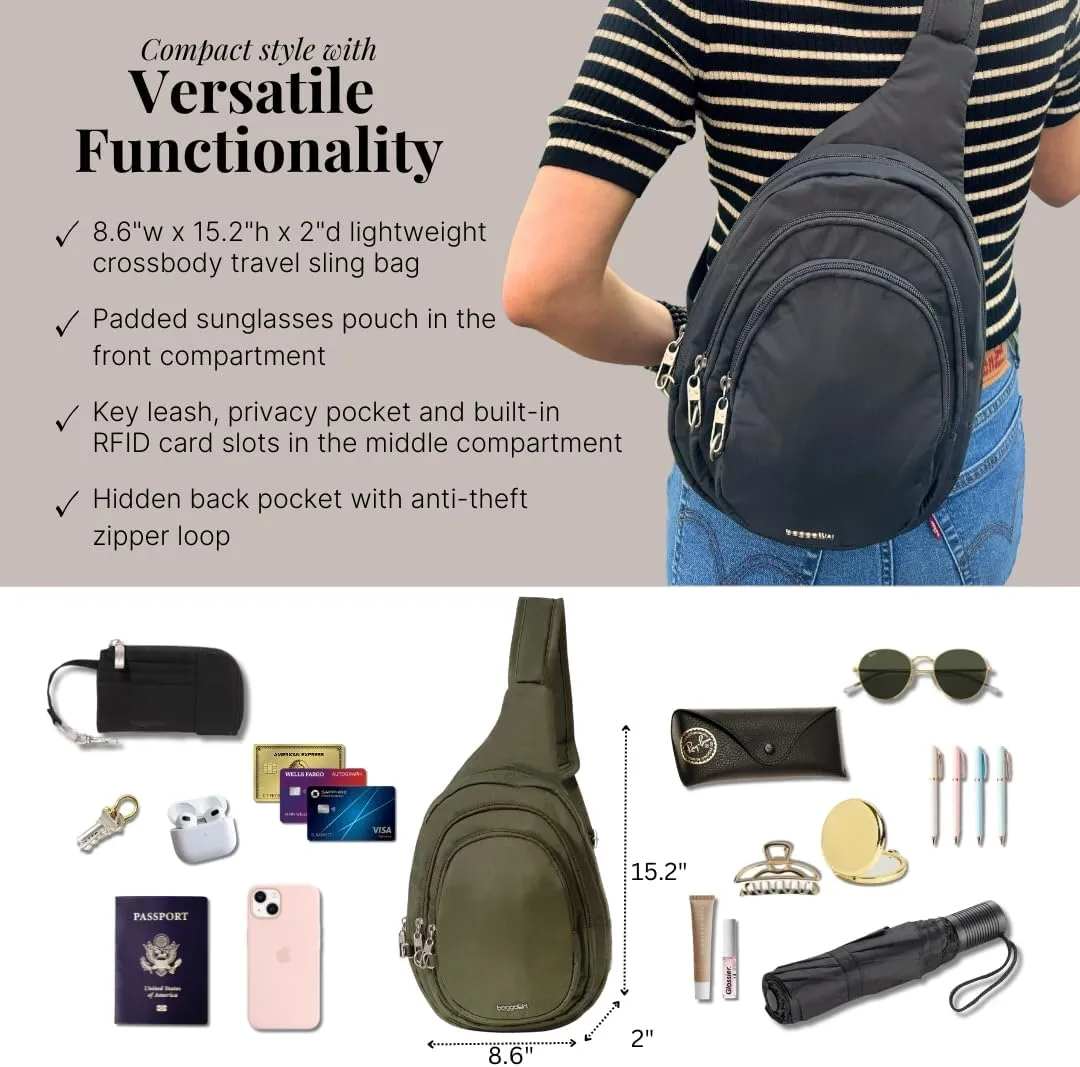 Baggallini Securtex Anti-Theft Triple Zip Sling 8.6"x15.2" Travel Crossbody Backpack with RFID Wallet Locking Zipper