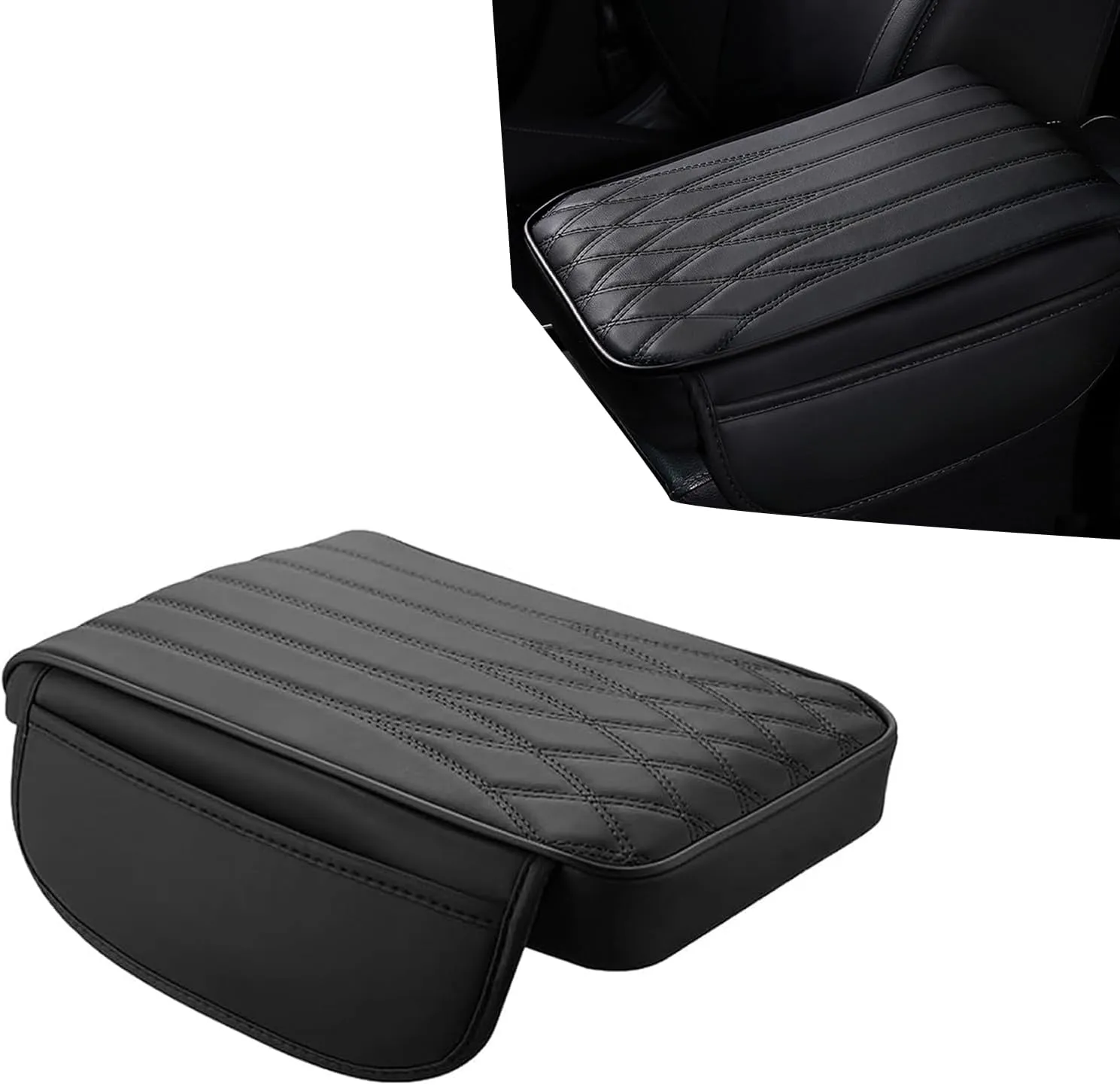 Car Center Console Armrest Pad, Memory Foam Filling Pressure Relief Comfortable Support Heightening Pad, Leather Anti-scratch Cleanable Protection Cover with Storage Bag, for Cars (Black)