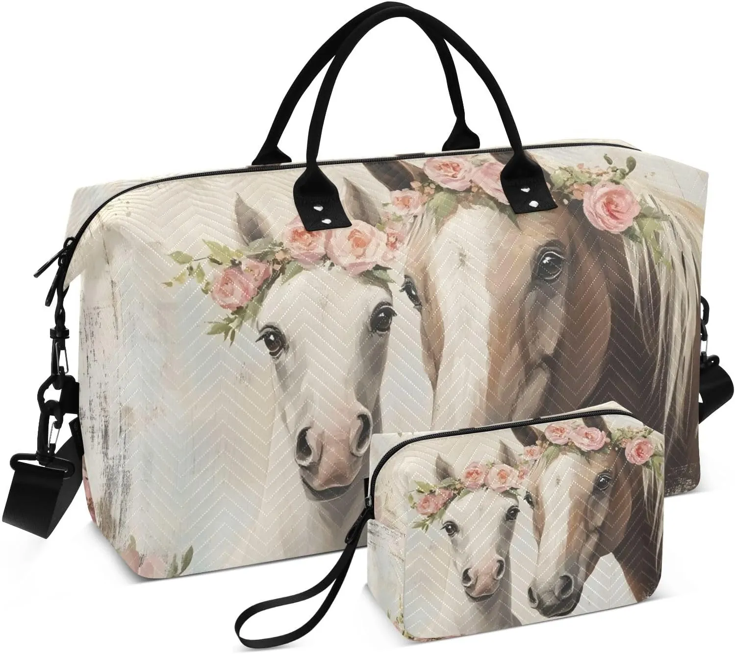 Duffel Bag for Traveling, Horse Florals Retro Cute Gym Bags with Multiple Interior Pockets for Women Men Toiletry Purse Included 20.5x 1.9 x 13.8