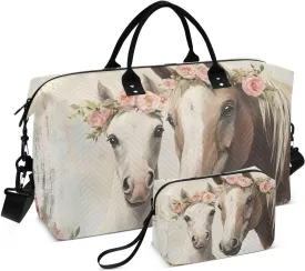 Duffel Bag for Traveling, Horse Florals Retro Cute Gym Bags with Multiple Interior Pockets for Women Men Toiletry Purse Included 20.5x 1.9 x 13.8