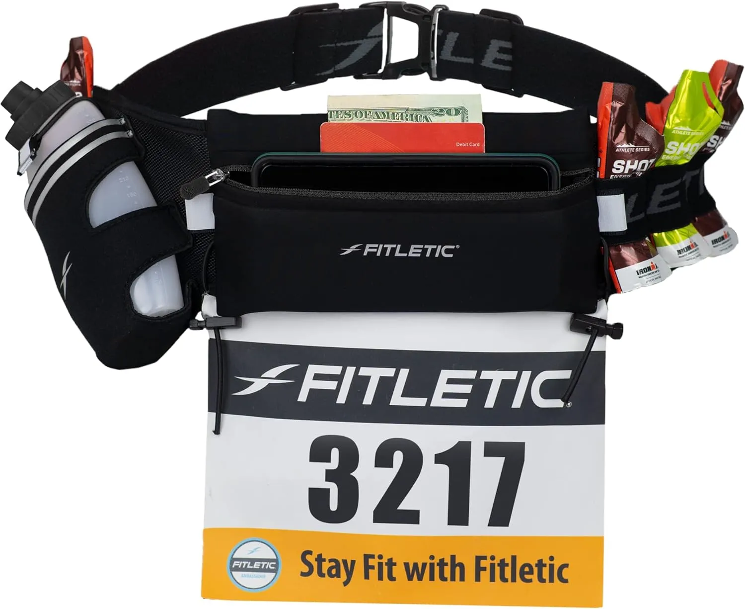 Fitletic Hydration Running Belt With 12oz Quick Flow Water Bottle For Men & Women Race Belt, Gel Holder & Bib Toggles Patented Bounce Free Design, Water Resistant Fits All Phones Fully Loaded