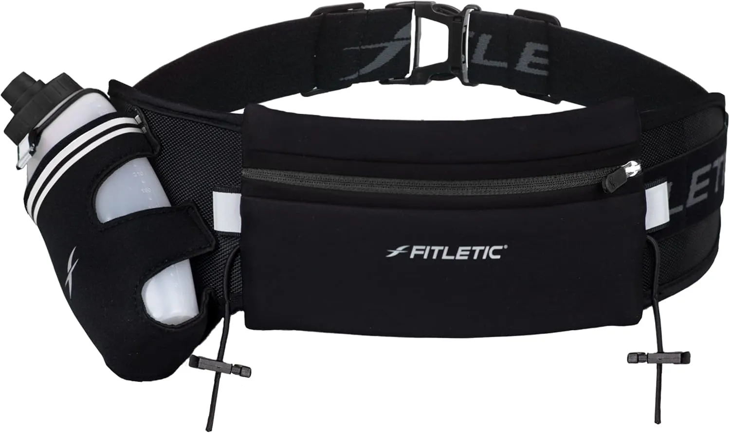 Fitletic Hydration Running Belt With 12oz Quick Flow Water Bottle For Men & Women Race Belt, Gel Holder & Bib Toggles Patented Bounce Free Design, Water Resistant Fits All Phones Fully Loaded
