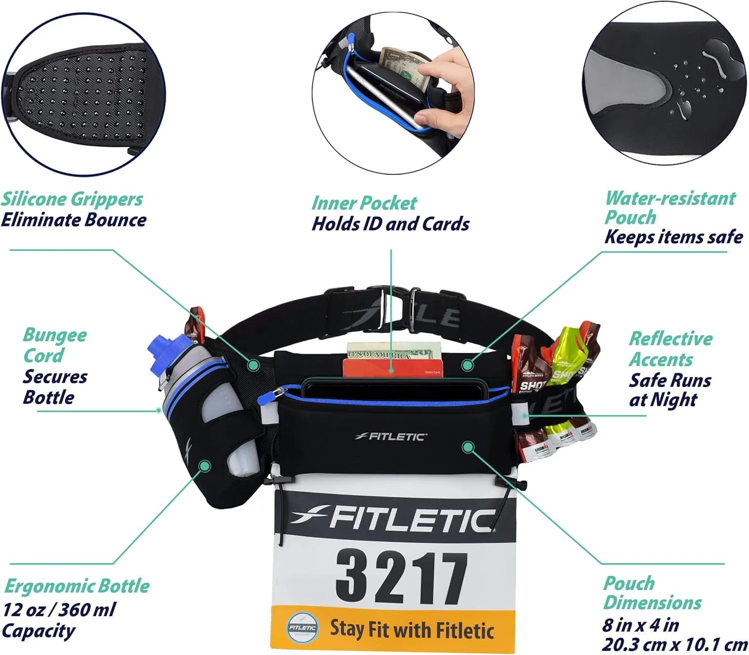 Fitletic Hydration Running Belt With 12oz Quick Flow Water Bottle For Men & Women Race Belt, Gel Holder & Bib Toggles Patented Bounce Free Design, Water Resistant Fits All Phones Fully Loaded