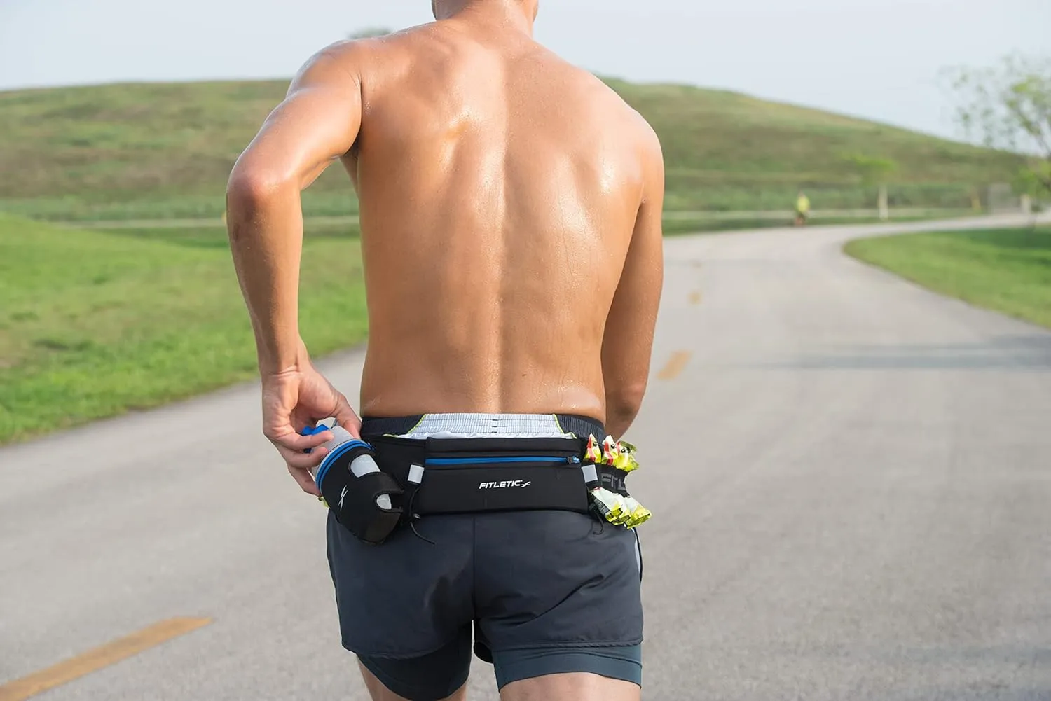 Fitletic Hydration Running Belt With 12oz Quick Flow Water Bottle For Men & Women Race Belt, Gel Holder & Bib Toggles Patented Bounce Free Design, Water Resistant Fits All Phones Fully Loaded