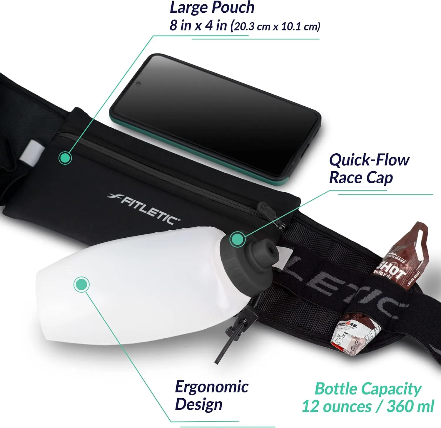 Fitletic Hydration Running Belt With 12oz Quick Flow Water Bottle For Men & Women Race Belt, Gel Holder & Bib Toggles Patented Bounce Free Design, Water Resistant Fits All Phones Fully Loaded