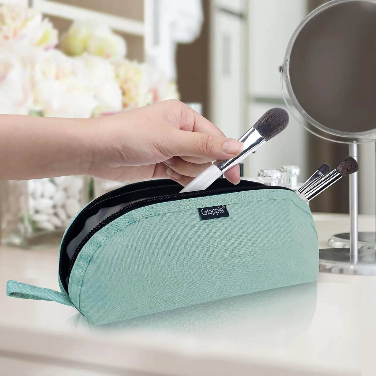 Gloppie Travel Makeup Brush Holder - Small Makeup Bag Compact Cosmetic Bag, Portable Cosmetic Pouch for Organizing Brushes On-the-go, Mint Blossom Green