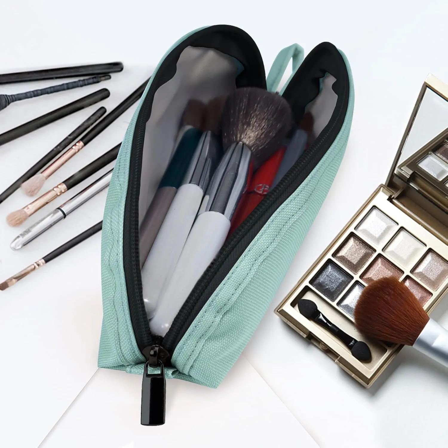 Gloppie Travel Makeup Brush Holder - Small Makeup Bag Compact Cosmetic Bag, Portable Cosmetic Pouch for Organizing Brushes On-the-go, Mint Blossom Green