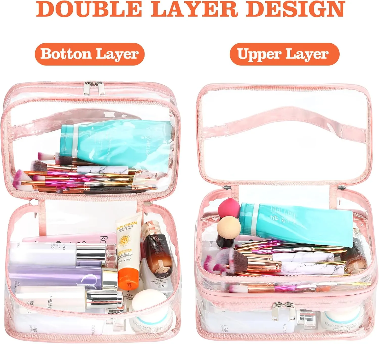 HAOGUAGUA Double Layer Clear Cosmetic Bag Makeup Bag, Waterproof Travel Toiletry Bag, Transparent PVC Pouch Organizer (Pink Large)