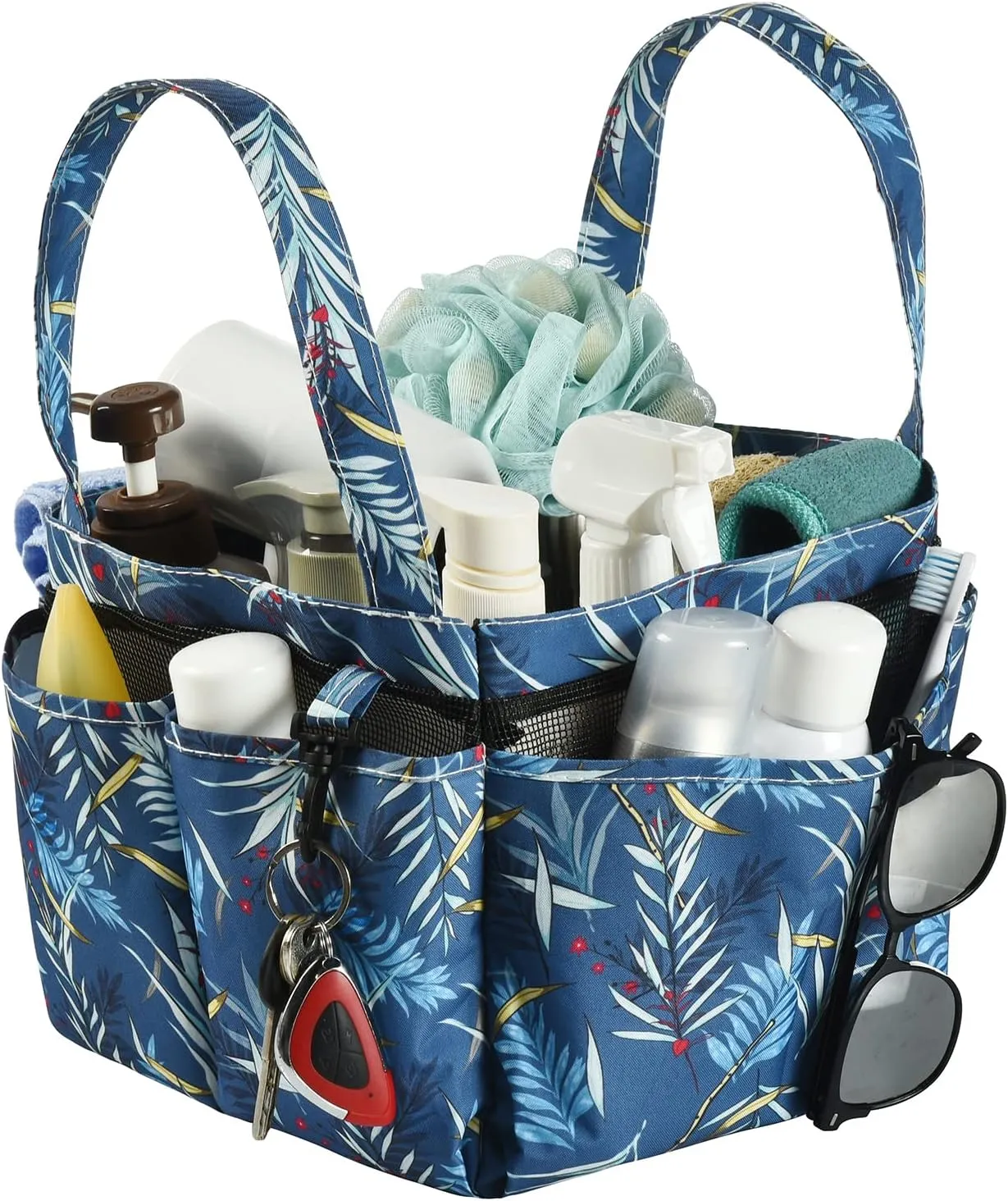 Haundry Portable Mesh Shower Caddy Bag, Large Basket Organizer with Key Hook for College Dorm Bathroom Camp Gym, Hanging Tote Bag with 8 Pockets (Coconut Tree)
