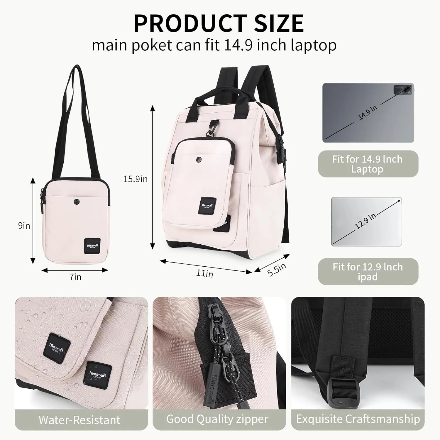 himawari 14.9 inch Women's Laptop Backpack, Large Capacity College Schoolbag, Waterproof Travel Bag for Men & Women-0403-05#Pink