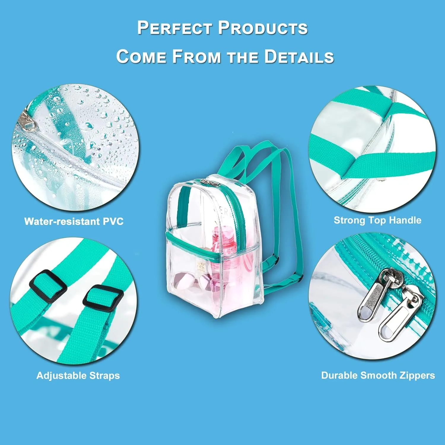 Keepcross Teal Small Clear Bag for Stadium Events,Mini Clear Backpack 12x6x12 for Sporting Events,Games,Festival,Concerts - Women Men