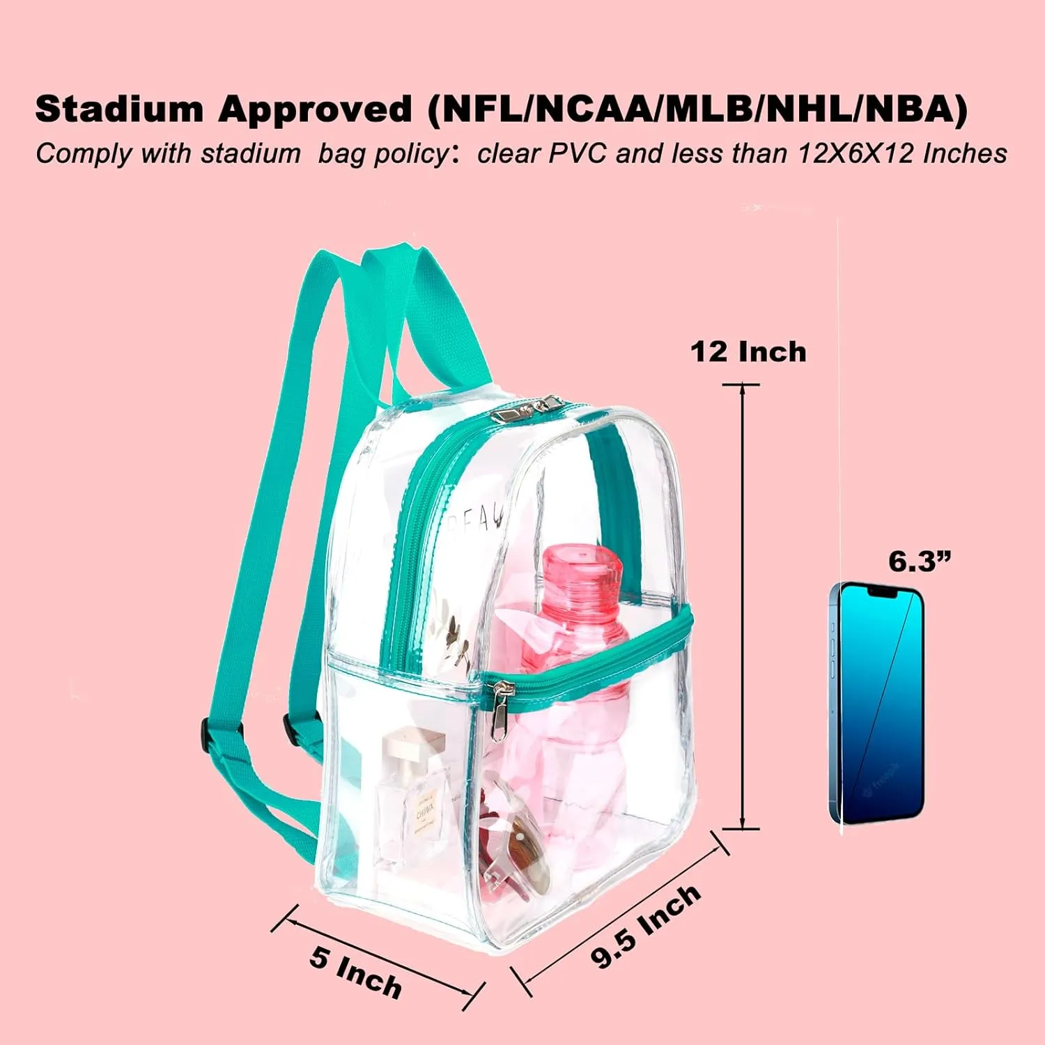 Keepcross Teal Small Clear Bag for Stadium Events,Mini Clear Backpack 12x6x12 for Sporting Events,Games,Festival,Concerts - Women Men