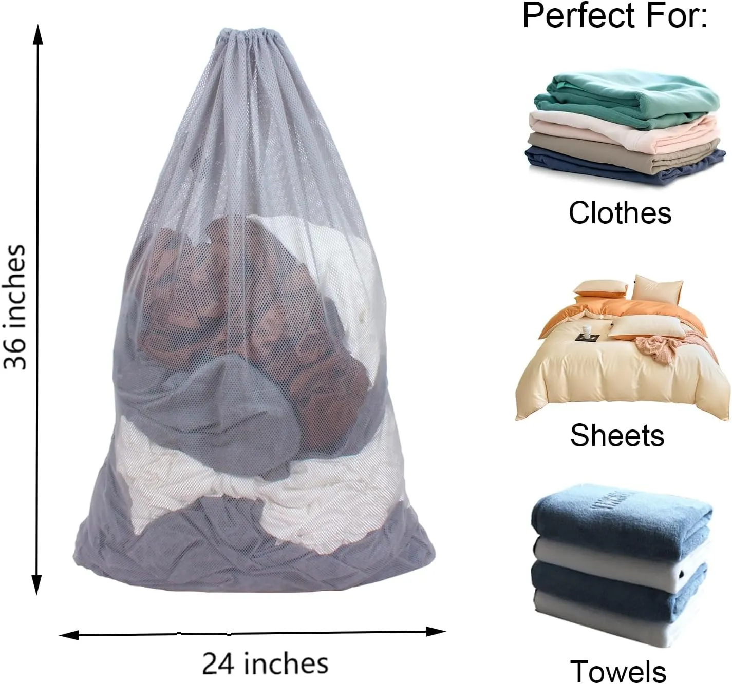 Mesh Laundry Bag Heavy Duty Drawstring Bag, Factories, College, Dorm, Travel and Apartment Dwellers, 24 x 36 Inches 2 Pack, Grey