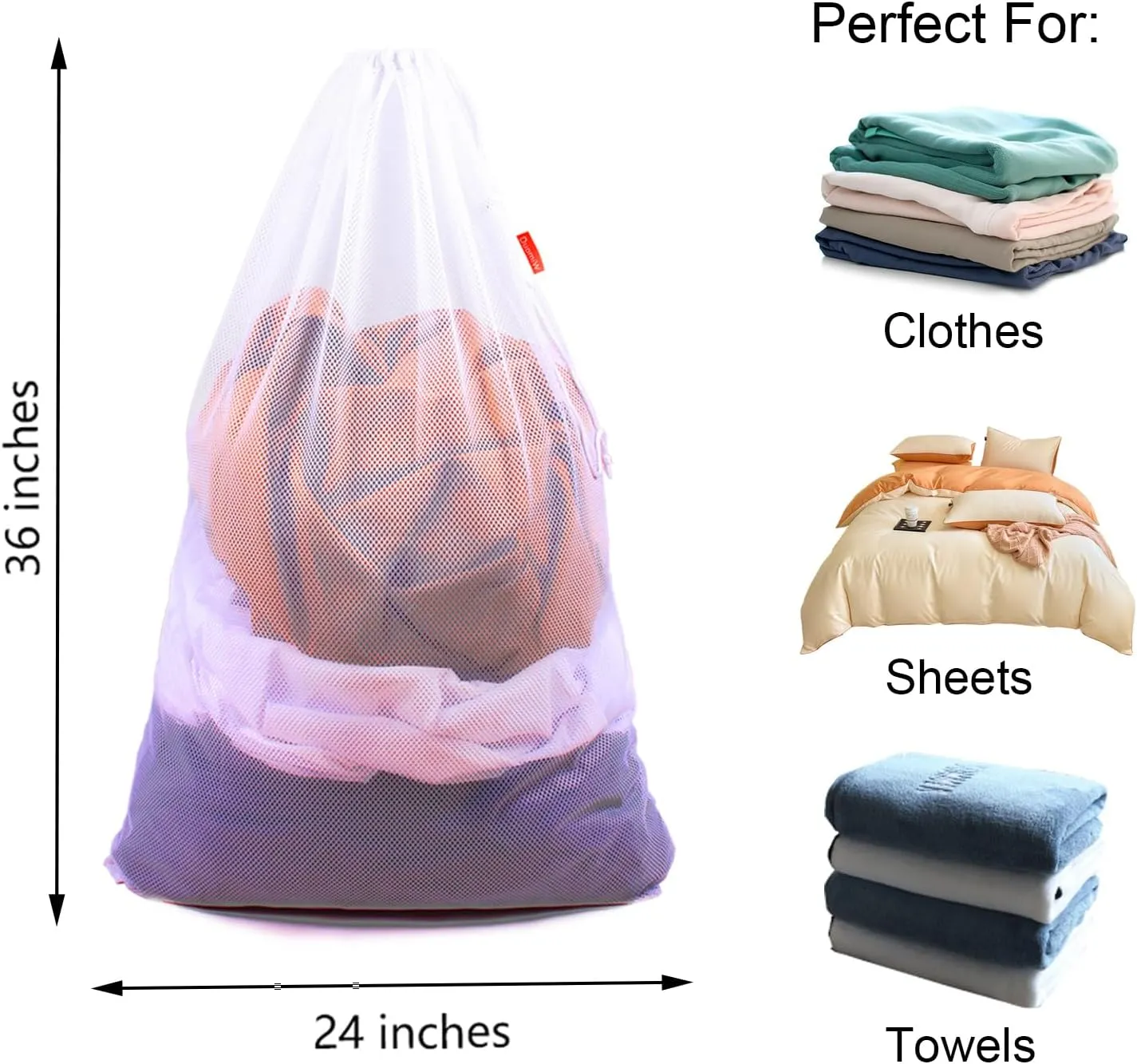 Mesh Laundry Bag Heavy Duty Drawstring Bag, Factories, College, Dorm, Travel and Apartment Dwellers, 24 x 36 Inches, 2 Pack, White