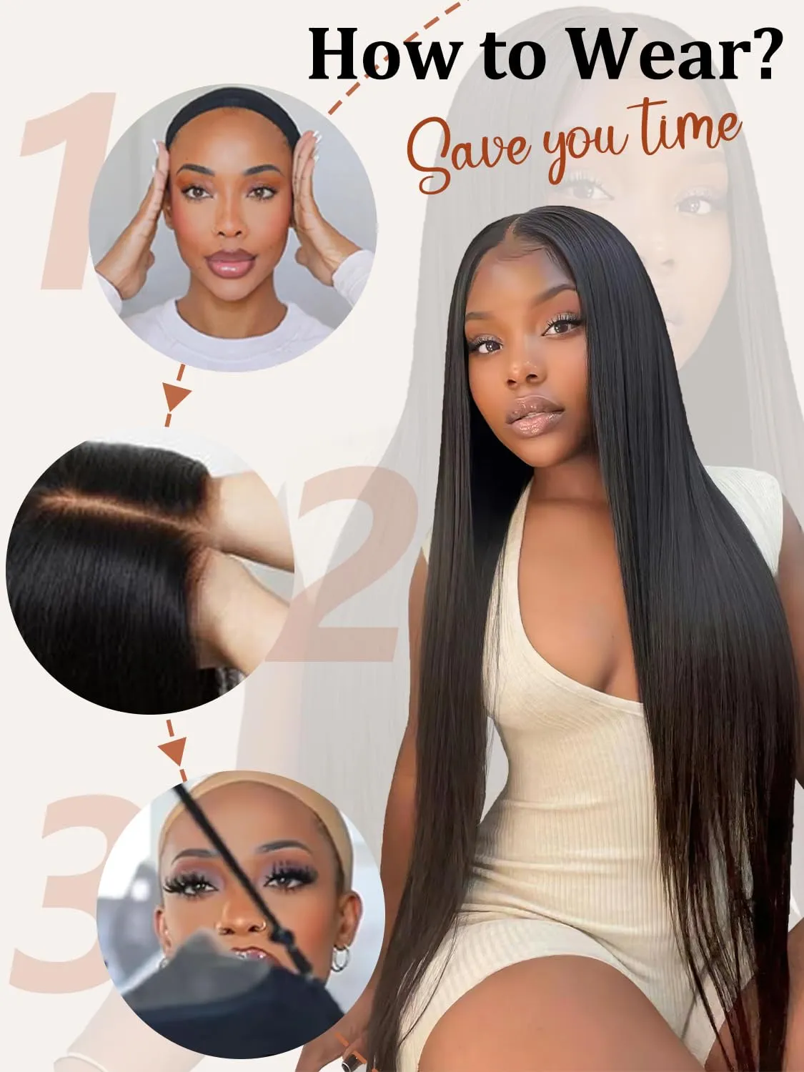 Minice 28 Inch Straight Lace Front Wigs Human Hair Glueless Wigs Human Hair Pre Plucked Pre Cut 6X4 Straight Wigs HD Lace Closure 200% Density Wear and Go Natural Color Black Wigs for Women