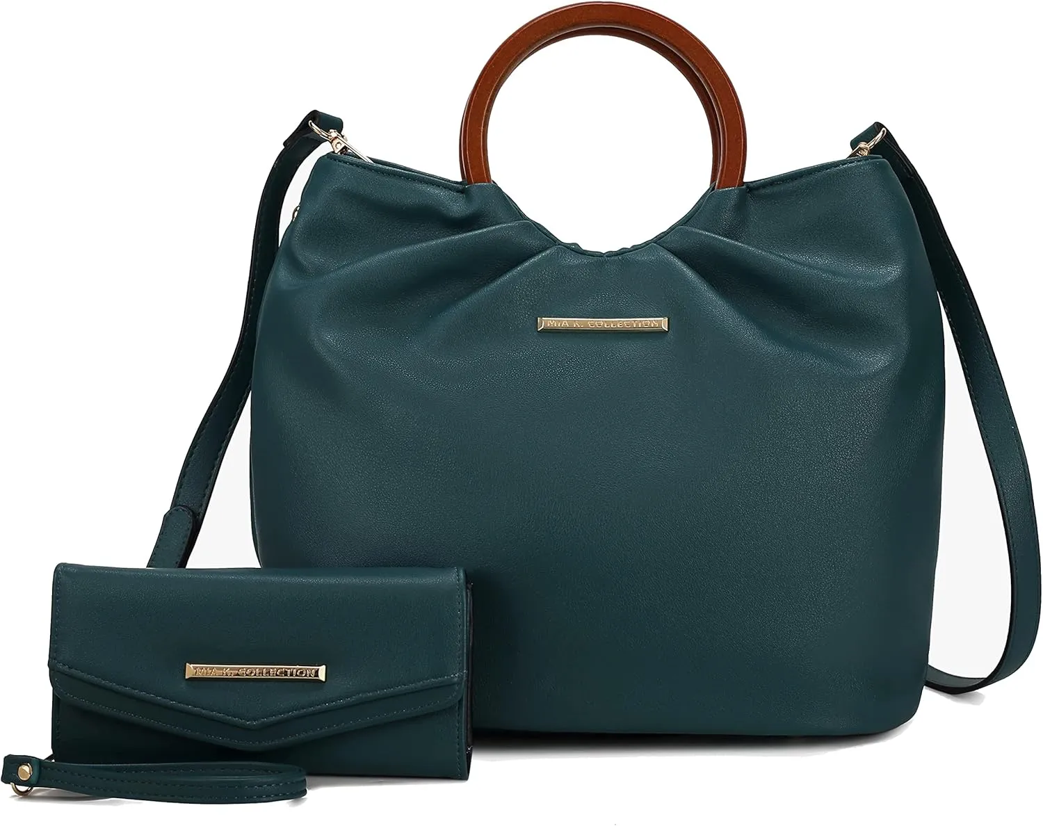 MKF Collection Tote Bag Set for Women, Vegan Leather Circular Wooden Top-Handle Shoulder Handbag Purse With Wristlet Wallet