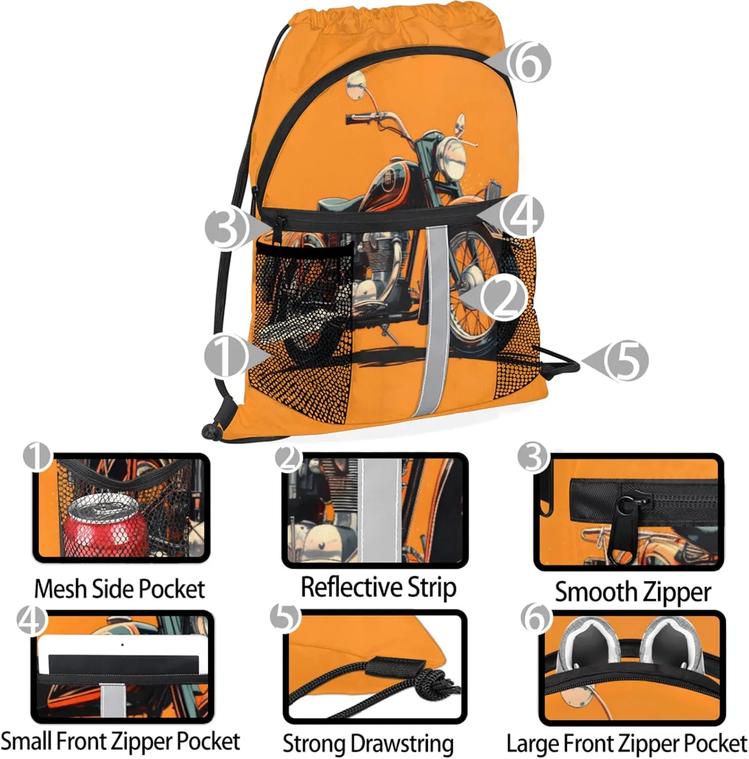 Motorcycle Theme Drawstring Backpack for Women and Men Lightweight Waterproof Sports Gym Sackpack with Mesh Pockets