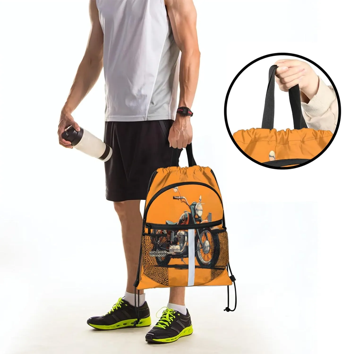 Motorcycle Theme Drawstring Backpack for Women and Men Lightweight Waterproof Sports Gym Sackpack with Mesh Pockets