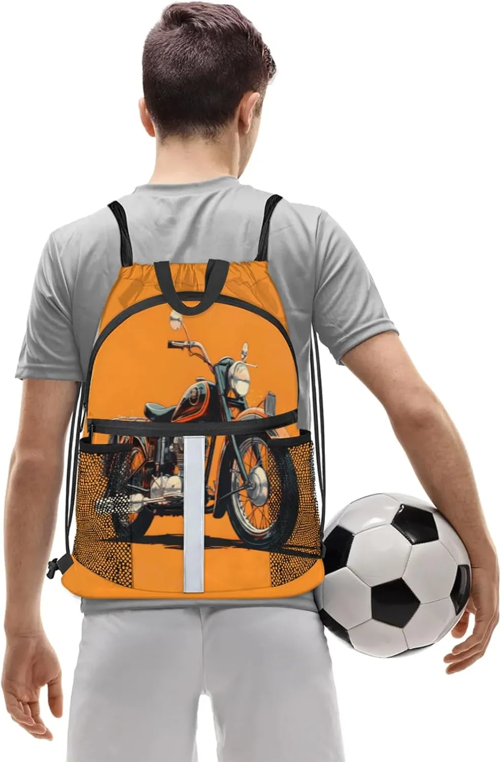 Motorcycle Theme Drawstring Backpack for Women and Men Lightweight Waterproof Sports Gym Sackpack with Mesh Pockets