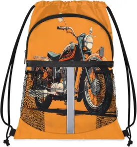 Motorcycle Theme Drawstring Backpack for Women and Men Lightweight Waterproof Sports Gym Sackpack with Mesh Pockets