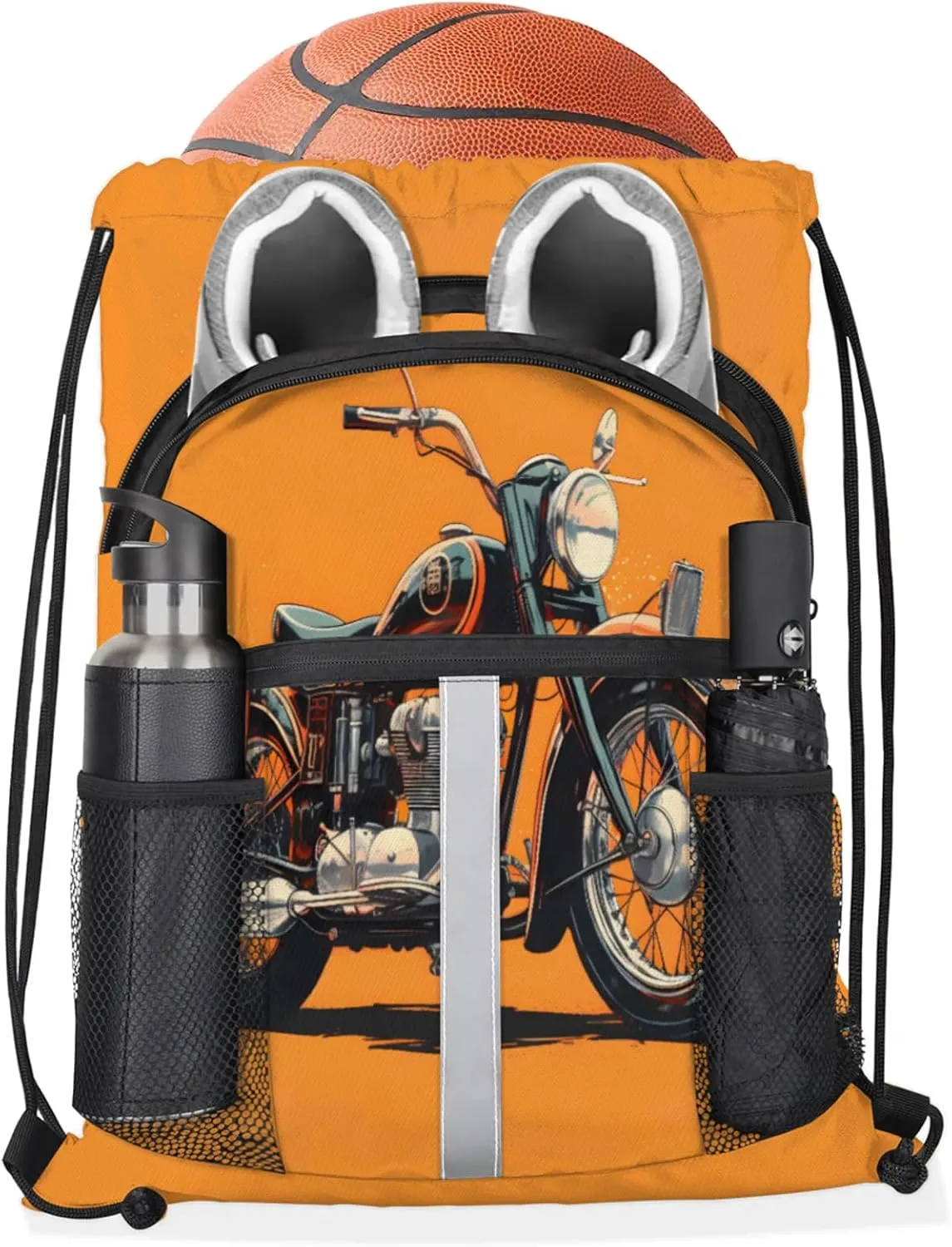 Motorcycle Theme Drawstring Backpack for Women and Men Lightweight Waterproof Sports Gym Sackpack with Mesh Pockets