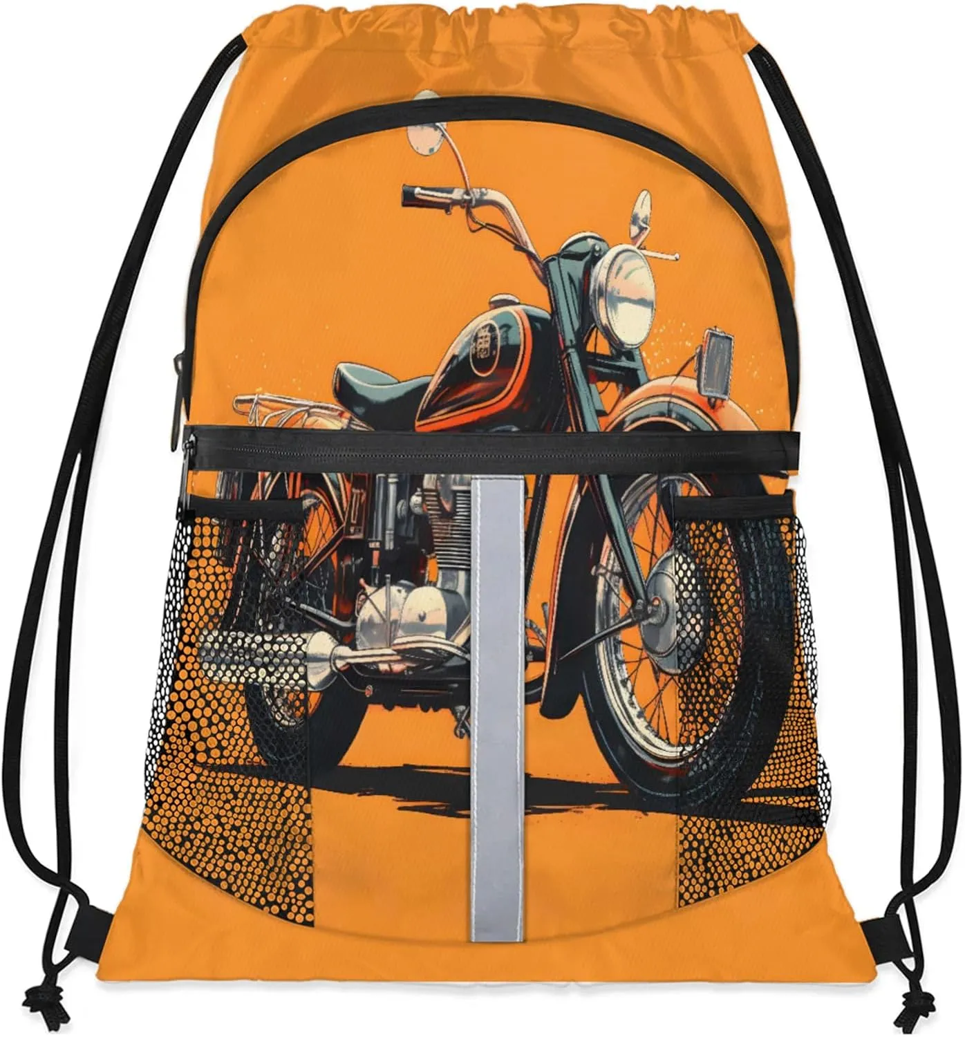 Motorcycle Theme Drawstring Backpack for Women and Men Lightweight Waterproof Sports Gym Sackpack with Mesh Pockets
