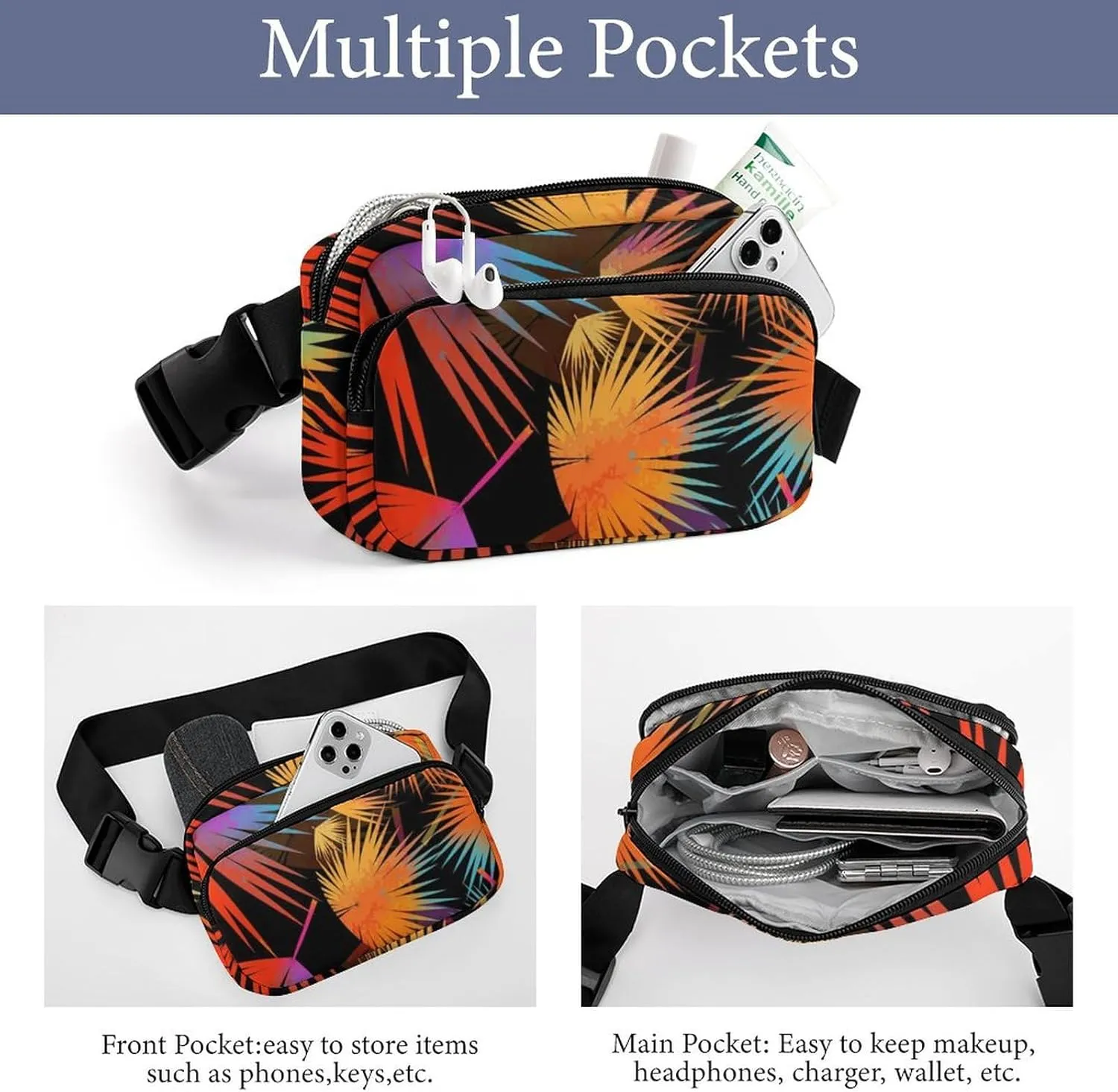 Multicolored Palm Leaves Belt Bag Fanny Pack Crossbody Tropical Plant Fashion Waist Packs With Adjustable Strap For Men Women Travel Hiking Cycling Running