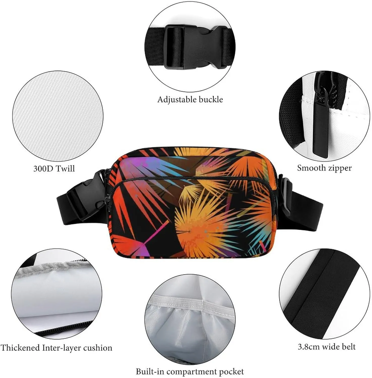 Multicolored Palm Leaves Belt Bag Fanny Pack Crossbody Tropical Plant Fashion Waist Packs With Adjustable Strap For Men Women Travel Hiking Cycling Running
