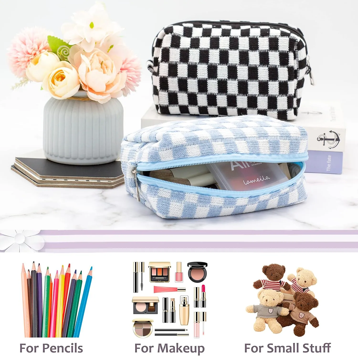 PAZIMIIK Checkered Makeup Bag for Purse Portable Zipper Make Up Pouch Small Cosmetic Case for Travel Accessories (Blue)