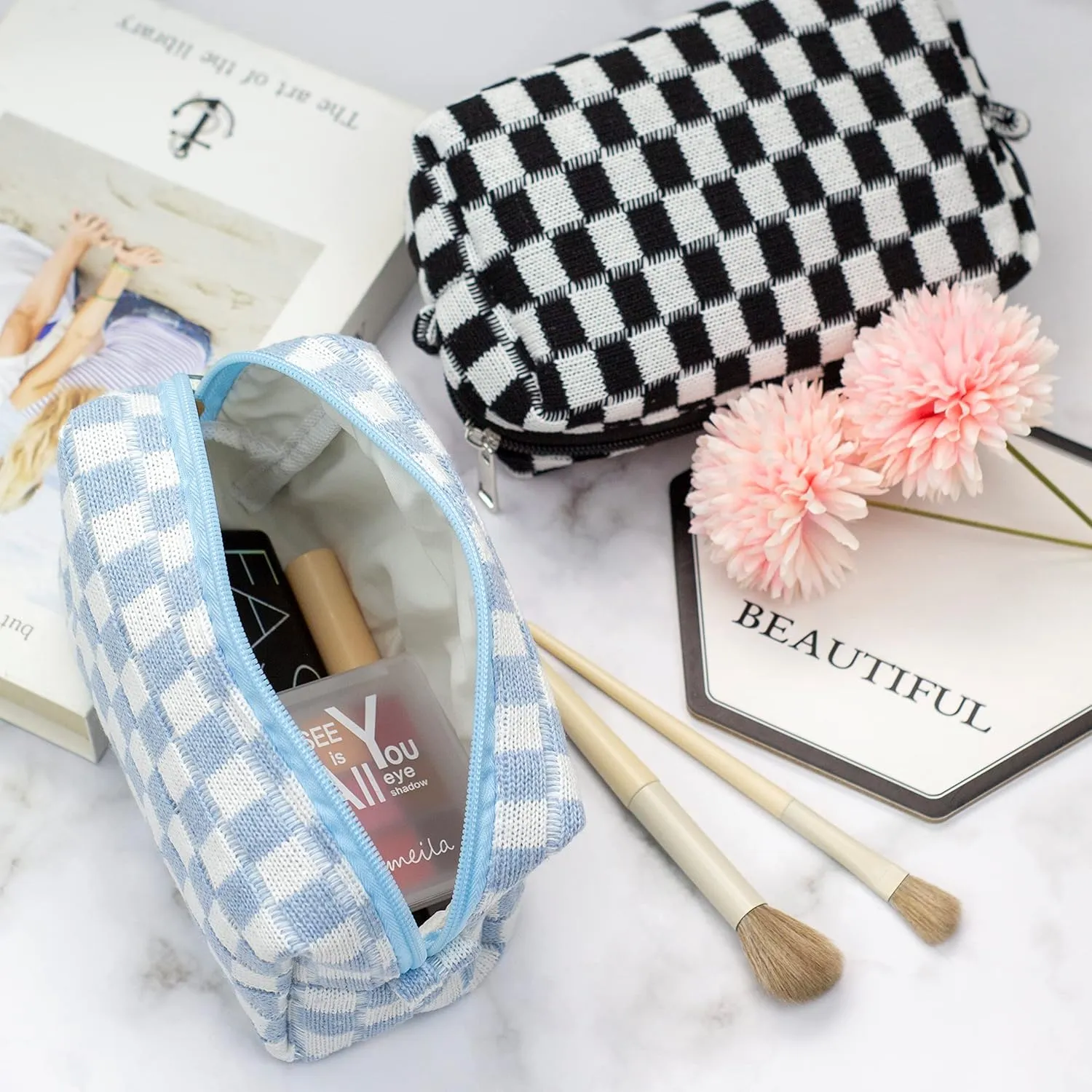 PAZIMIIK Checkered Makeup Bag for Purse Portable Zipper Make Up Pouch Small Cosmetic Case for Travel Accessories (Blue)