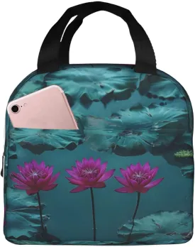 Pond Lotus Lunch Bag Organizer Reusable For Adult Outdoor Work,Picnic Insulated Lunch Bag With Pocket