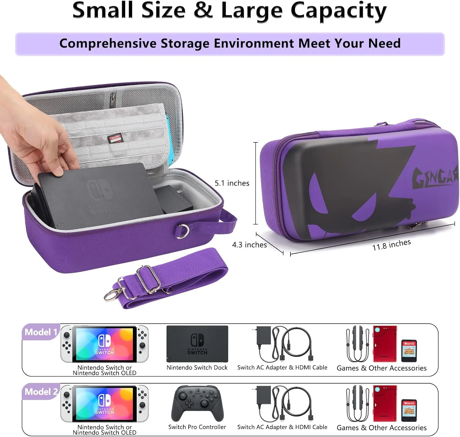 Portable Carrying Case Compatible with Nintendo Switch/Switch OLED - Built-in Stand and Removable Shoulder Strap Design Fit Switch Console, AC Charger Adapter, Switch Dock/Pro Controller Accessories