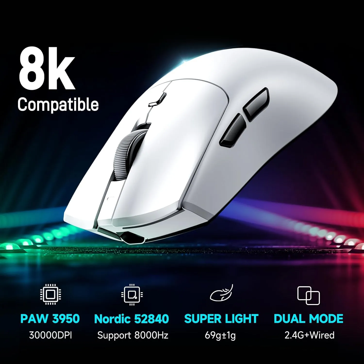 RAWM Wireless 8K Lightweight Gaming Mouse, PAW3950 Optical Sensor, 30000 DPI, 600mAh Rechargable Battery, 7 Programmable Buttons, Hot Swapple Design
