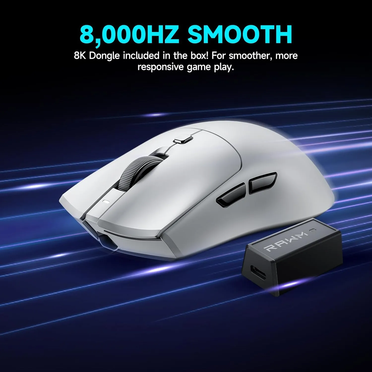 RAWM Wireless 8K Lightweight Gaming Mouse, PAW3950 Optical Sensor, 30000 DPI, 600mAh Rechargable Battery, 7 Programmable Buttons, Hot Swapple Design