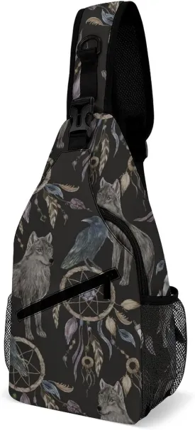 Sling Bag Watercolor Raven Wolf Crossbody Backpack with Anti Theft Boho Style Adjustable Shoulder Bag for Travel,Hiking,Cycling,Camping