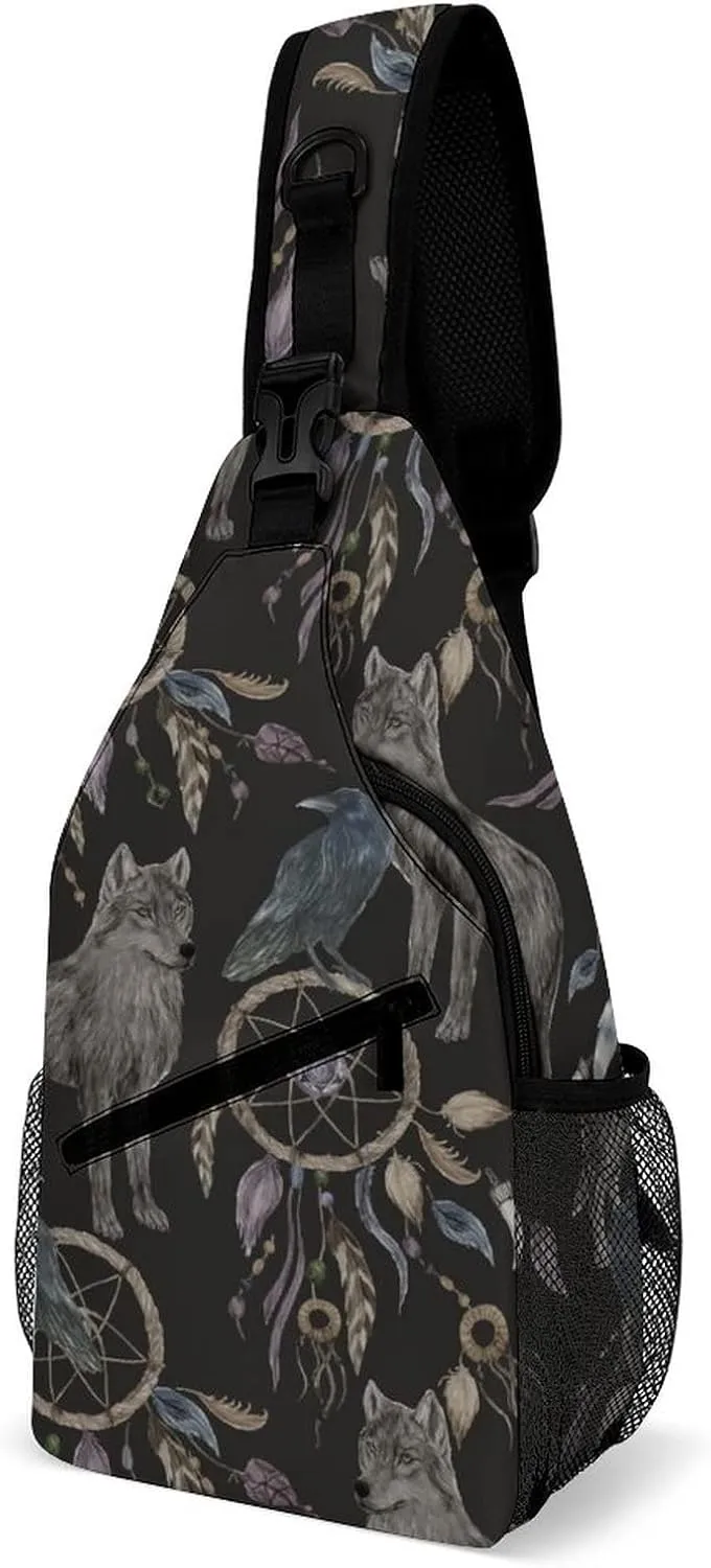 Sling Bag Watercolor Raven Wolf Crossbody Backpack with Anti Theft Boho Style Adjustable Shoulder Bag for Travel,Hiking,Cycling,Camping