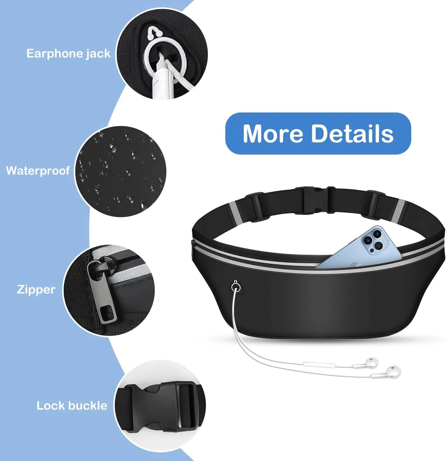 UltraSlim Fanny Packs for Women Men Slim Running Belt Waist Pack Runners Bag Waterproof Money Belt (Black)