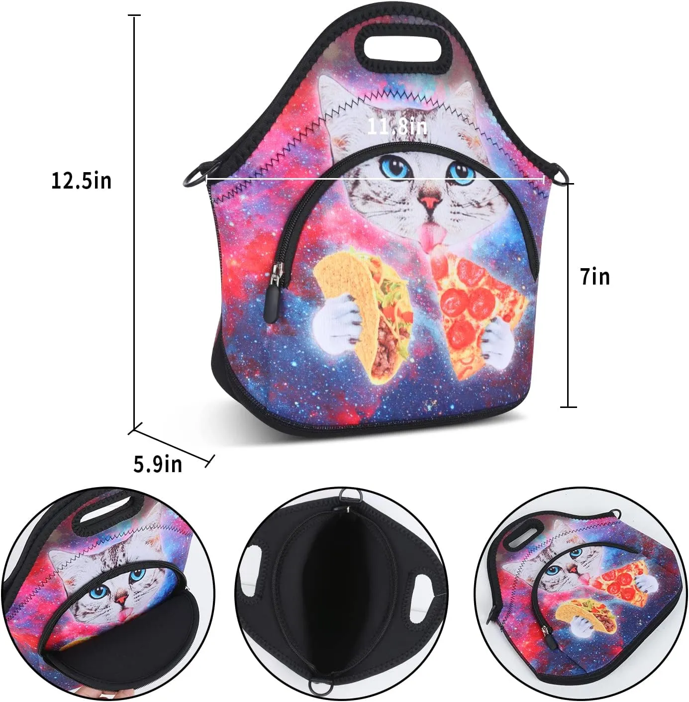 Violet Mist Neoprene Lunch Bags with Shoulder Strap Lunch Totes for Women Insulated Lunch Handbag Thermal Lunch Box Reusable Gourmet Bento Bag Pocket Zipper for Work Picnic Travel Shopping, Cat Pizza