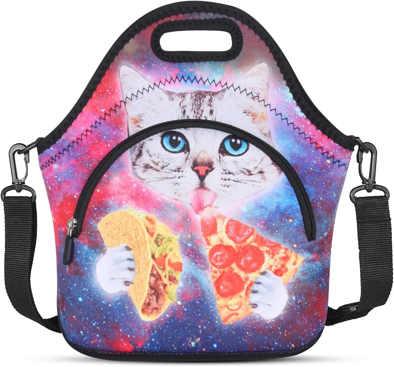 Violet Mist Neoprene Lunch Bags with Shoulder Strap Lunch Totes for Women Insulated Lunch Handbag Thermal Lunch Box Reusable Gourmet Bento Bag Pocket Zipper for Work Picnic Travel Shopping, Cat Pizza